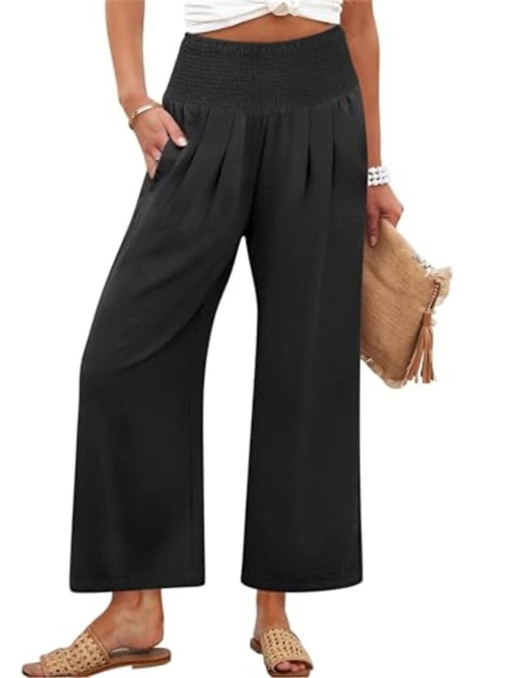 Womens Wide Leg Palazzo Pants Smocked High Waist Casual Lounge Pockets Loose